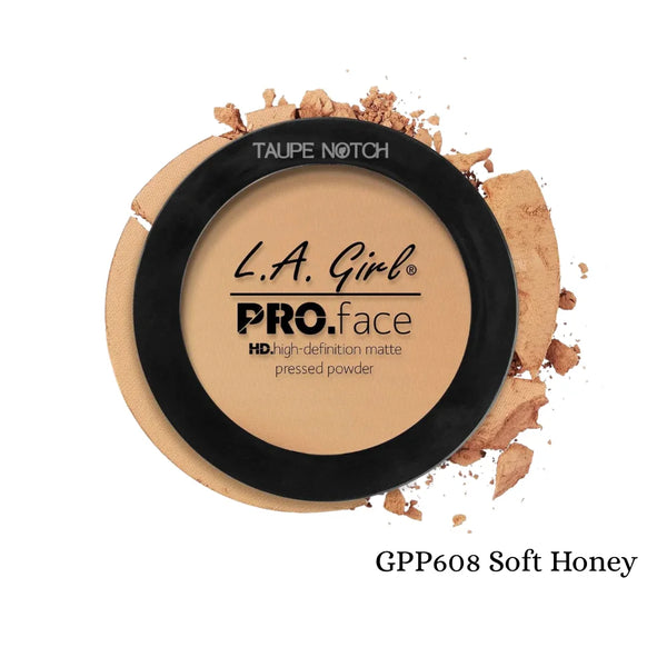 Pressed face matte powder compact, soft honey golden beige tone with black lid and label