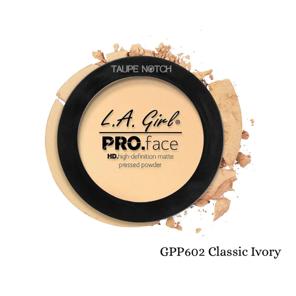 Pressed face matte powder compact, classic ivory tone with black lid and embossed label