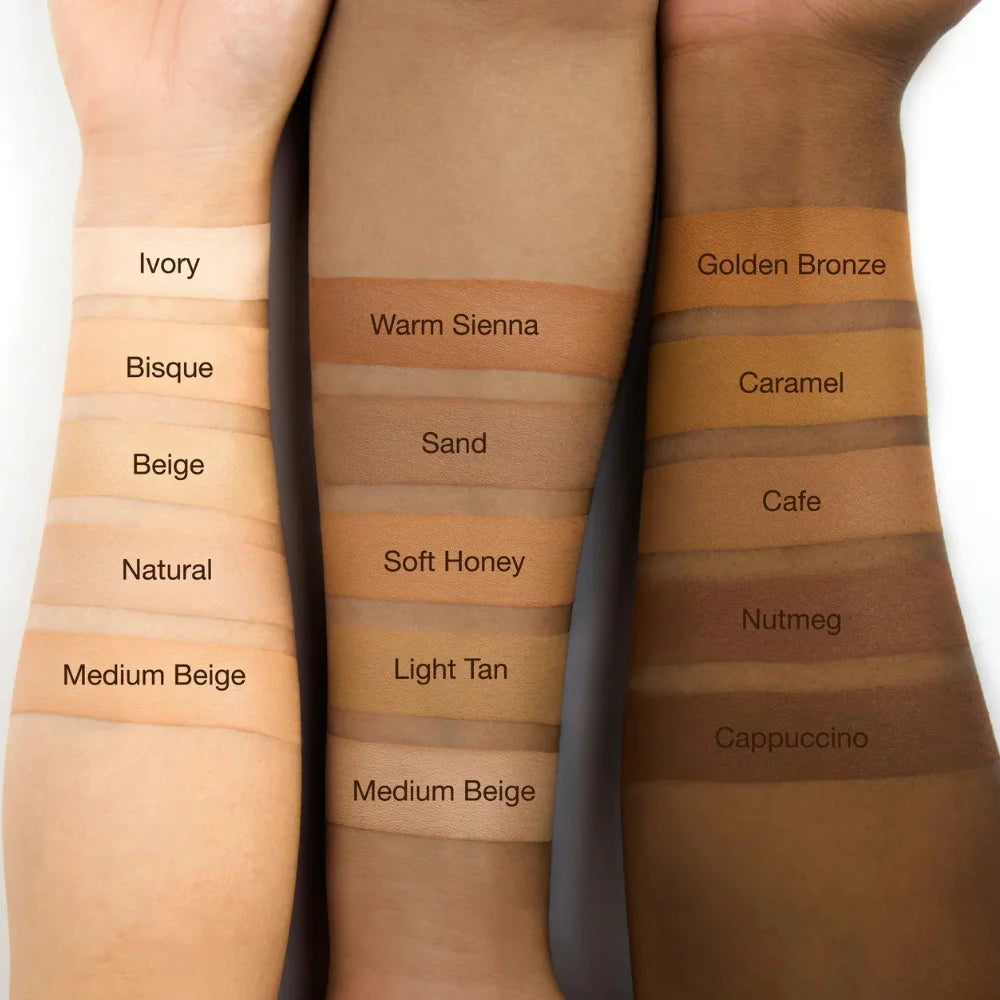 PRO.Matte foundation shade swatches on arms, labeled from Ivory to Cappuccino