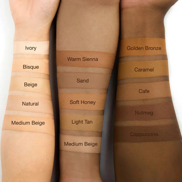 PRO.Matte foundation shade swatches on arms, labeled from Ivory to Cappuccino