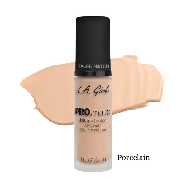 L.A. Girl PRO.Matte foundation bottle with Porcelain matte liquid swatch