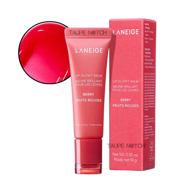 Lip Glowy Balm tube in Berry shade, red-tinted glossy balm with matching box.