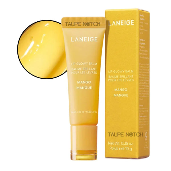 Lip Glowy Balm tube in Mango shade, golden yellow glossy balm with matching box.
