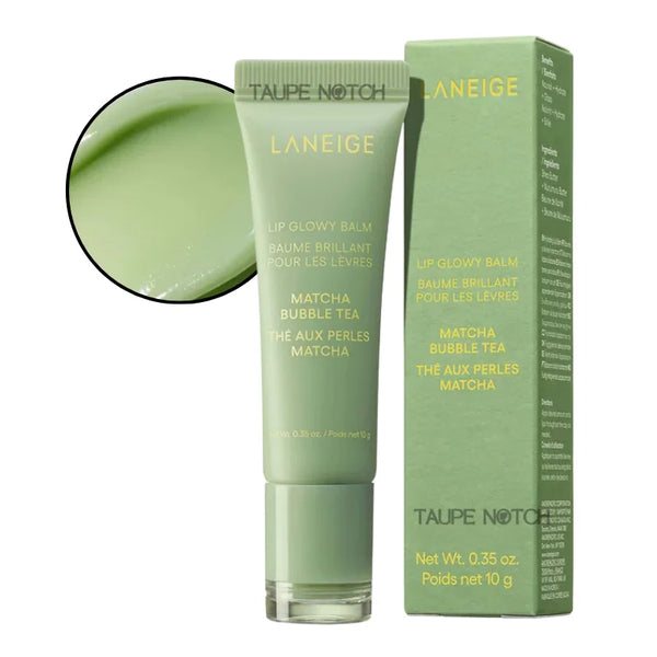 Lip Glowy Balm tube in Matcha Bubble Tea shade, light green glossy balm with box.