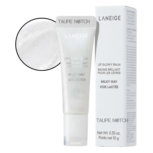 Lip Glowy Balm tube in Milky Way shade, pearly white glossy balm with matching box.