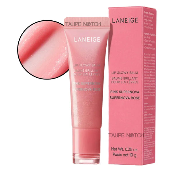 Lip Glowy Balm tube in Pink Supernova shade, pink glossy balm with matching box.