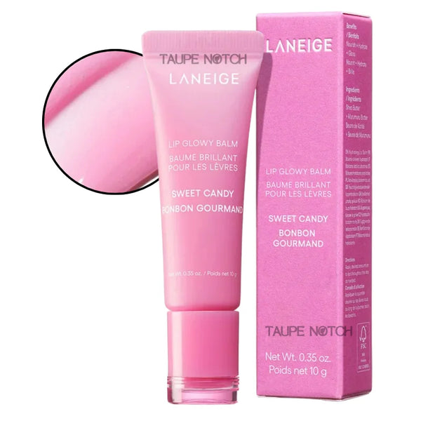 Lip Glowy Balm tube in Sweet Candy shade, pink glossy balm with matching box.