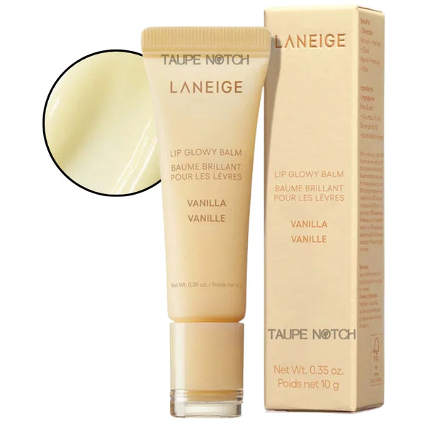 Lip Glowy Balm tube in Vanilla shade, pale beige glossy balm with matching box.