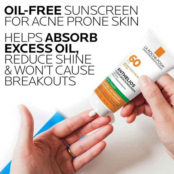 Anthelios clear skin oil-free sunscreen tube held in hand, SPF 60, dry touch
