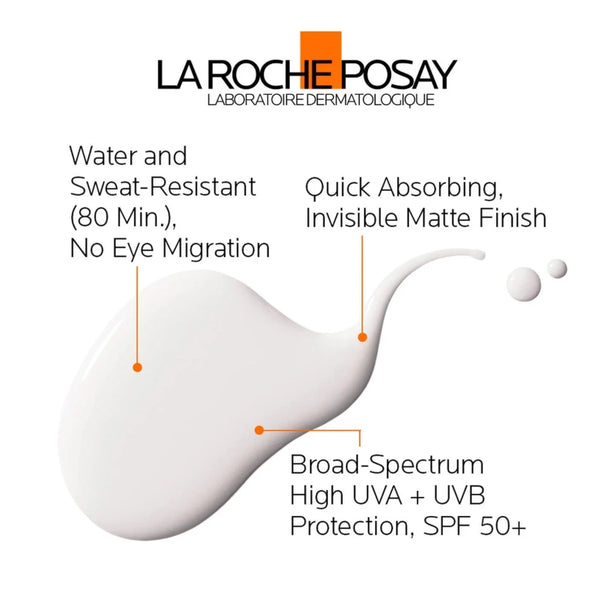 Sunscreen matte-finish gel shown with broad-spectrum SPF 50+ and quick absorption text