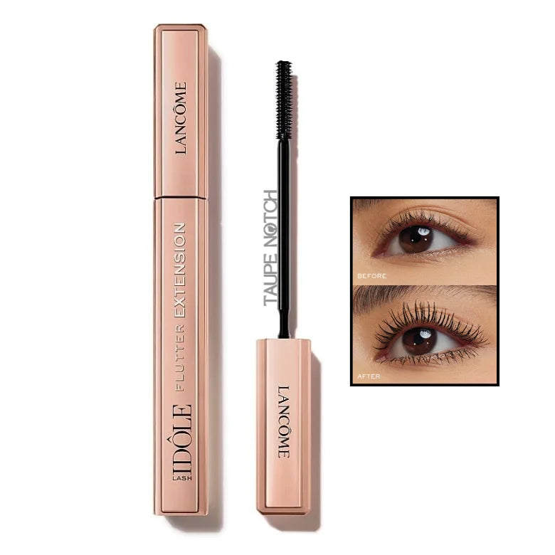 Lancome Idole Flutter Extension Mascara in rose gold tube open with wand showing before and after lash lengthening results