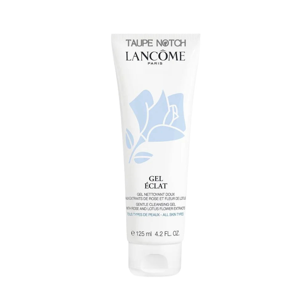 Lancome Gel Eclat foam cleanser tube, white with blue floral print, 125 ml