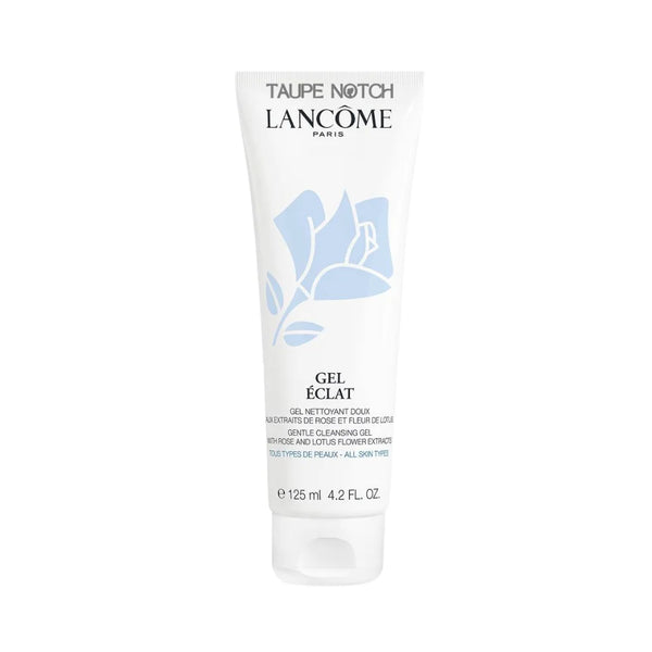 Lancome Gel Eclat foam cleanser tube, white with blue floral print, 125 ml