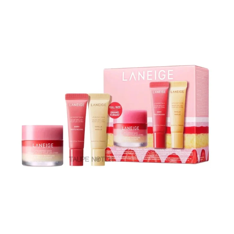 Laneige lip trio set with lip balms and lip mask, shown with outer box