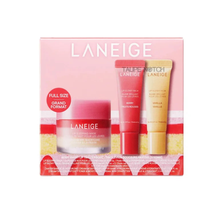 Laneige lip trio gift set box with 3 lip balms and lip sleeping mask, berry tones