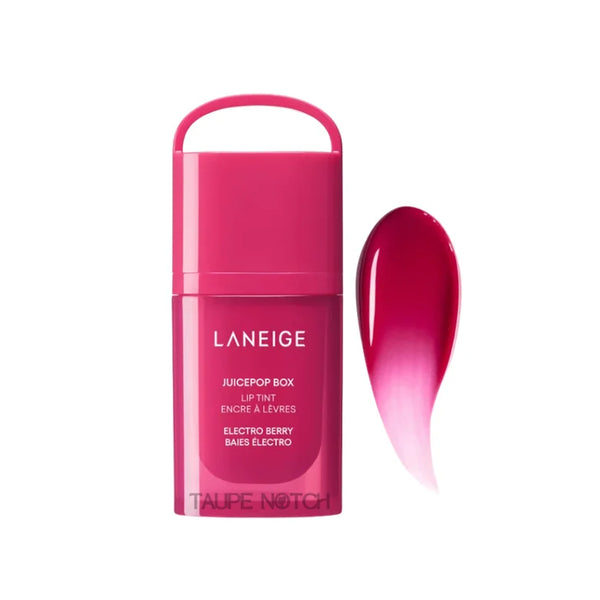 Laneige lip tint Electro Berry, bright berry pink tube and glossy teardrop applicator