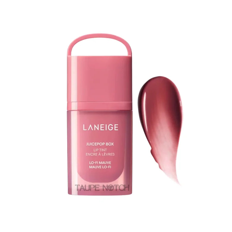 Laneige Juicepop Box Lip Tint in Lo Fi Mauve dusty rose pink shade with glossy color swatch