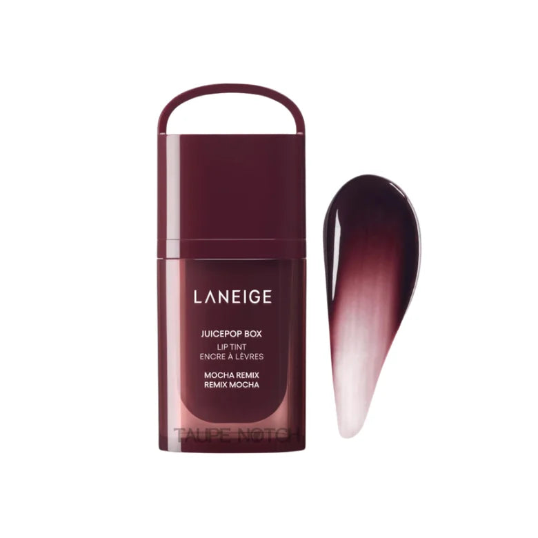 Laneige Juicepop Box Lip Tint in Mocha Remix deep dark brown shade with gradient swatch