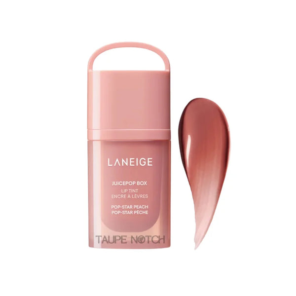 Laneige lip tint Pop-Star Peach, peach nude tube and glossy teardrop applicator
