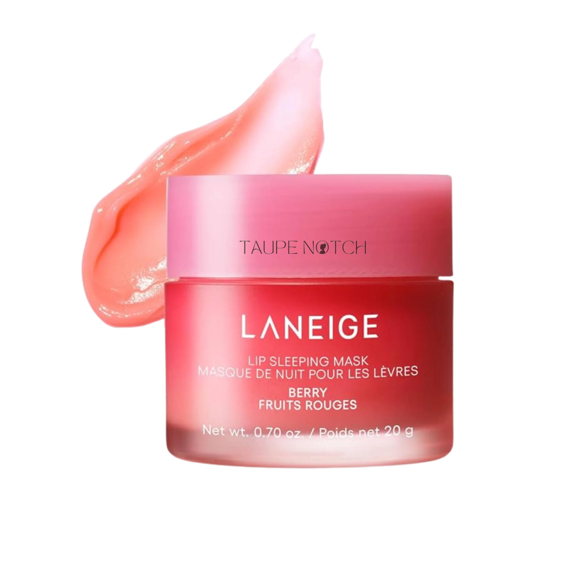 Laneige lip sleeping mask jar in Berry, pink-red gel swatch behind