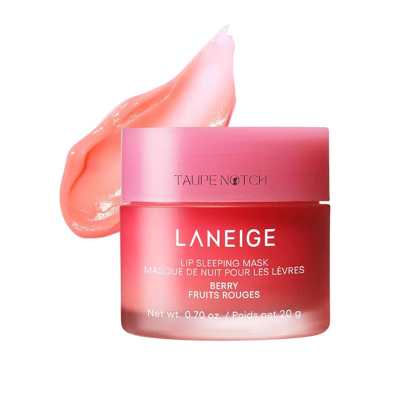 Laneige lip sleeping mask jar in Berry, pink-red gel swatch behind