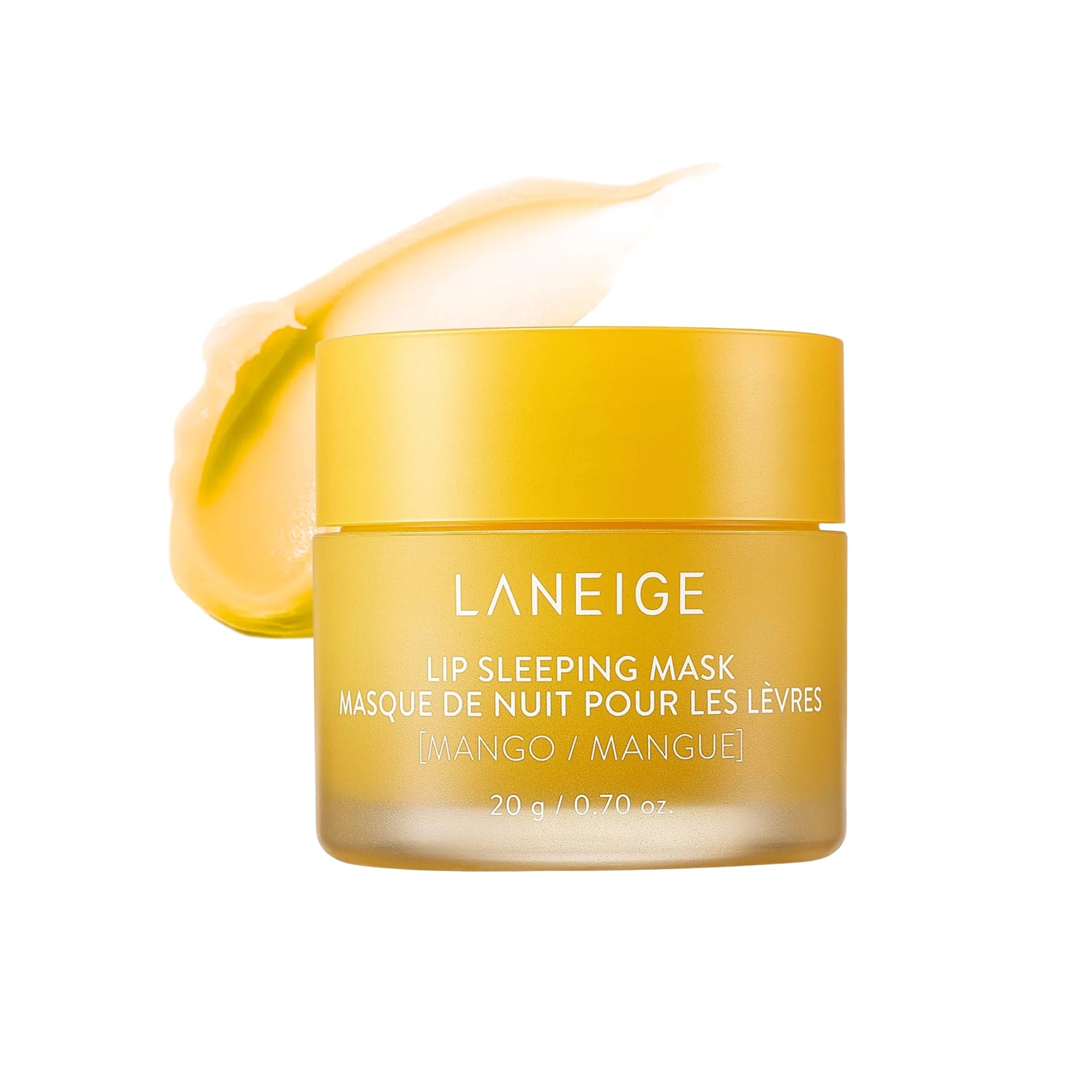 Laneige lip sleeping mask jar in Mango, bright yellow gel swatch