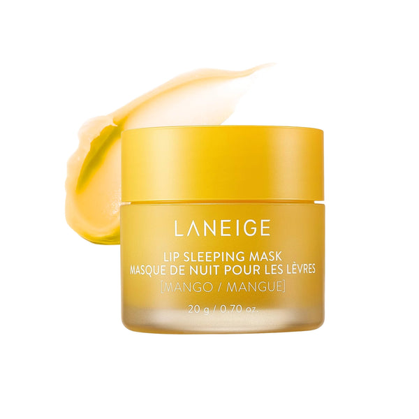 Laneige lip sleeping mask jar in Mango, bright yellow gel swatch