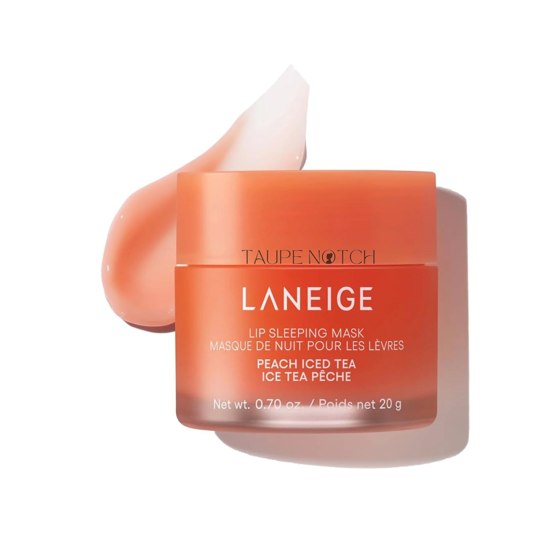 Laneige lip sleeping mask jar in Peach Iced Tea, peach-orange gel swatch