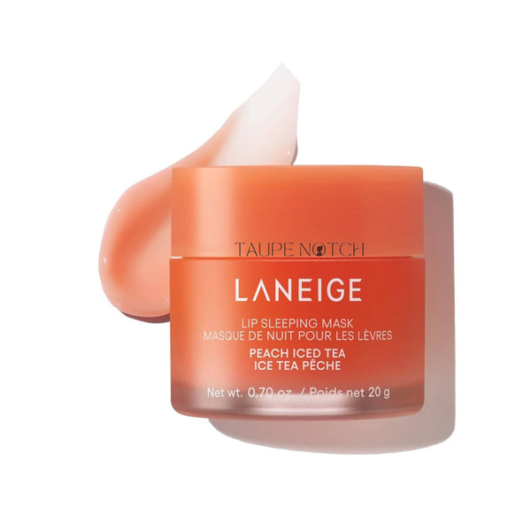 Laneige lip sleeping mask jar in Peach Iced Tea, peach-orange gel swatch