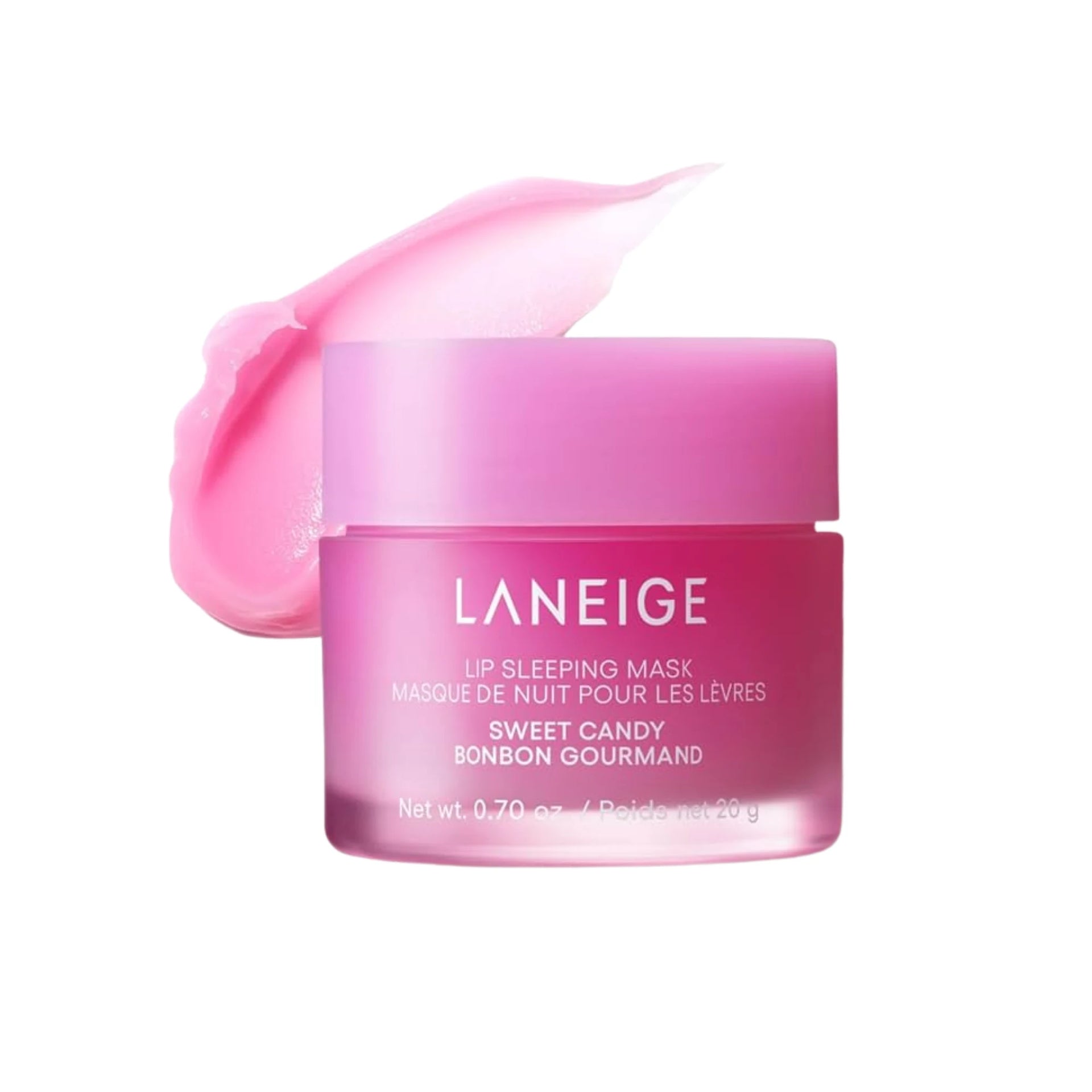 Laneige lip sleeping mask jar in Sweet Candy, pink gel swatch behind