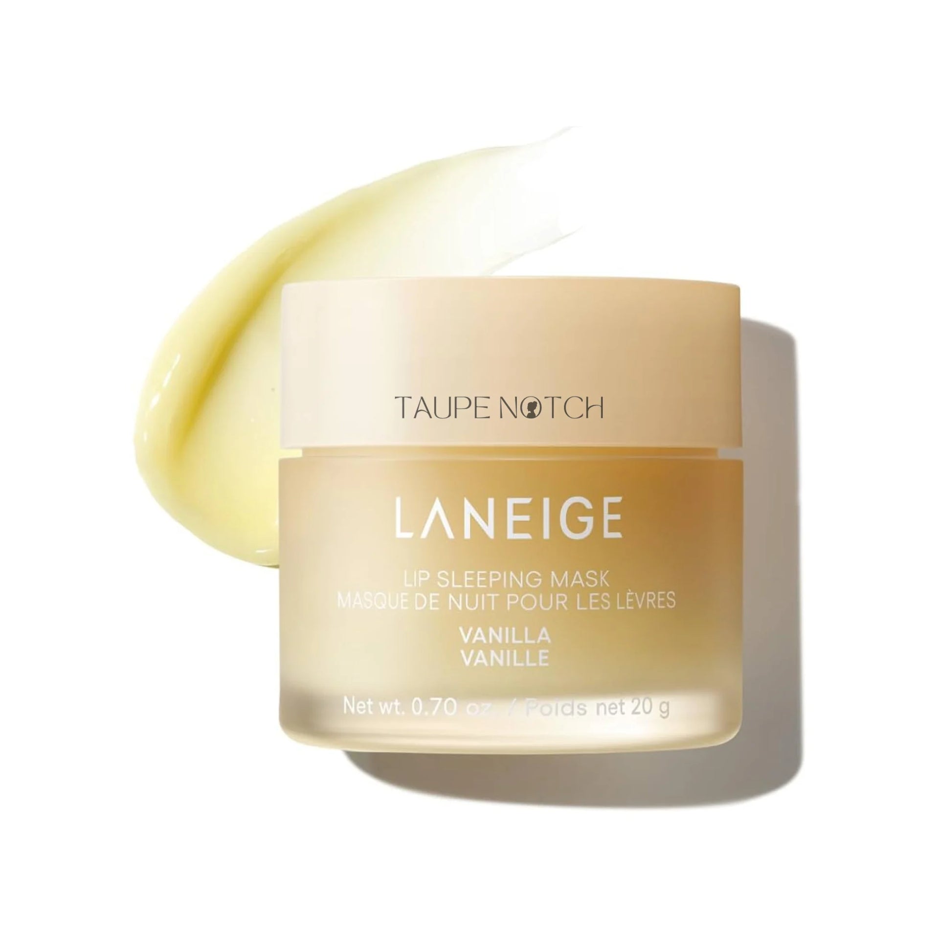 Laneige lip sleeping mask jar in Vanilla, glossy cream swatch on side