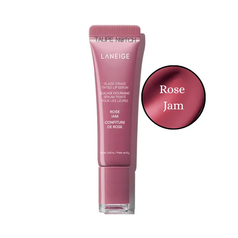Laneige Glaze Craze tinted lip serum in Rose Jam, tube with box and Rose Jam swatch.