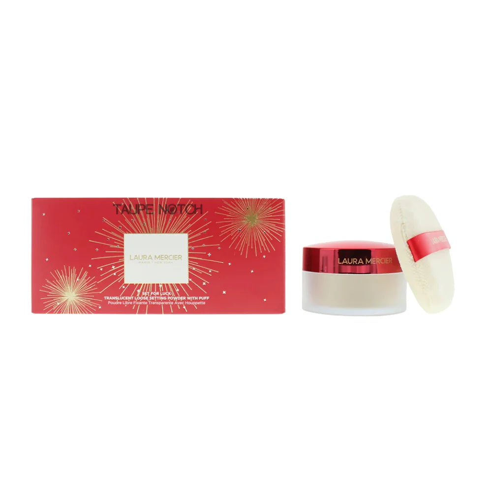 Loose setting powder set with puff: red box, jar, white sponge applicator