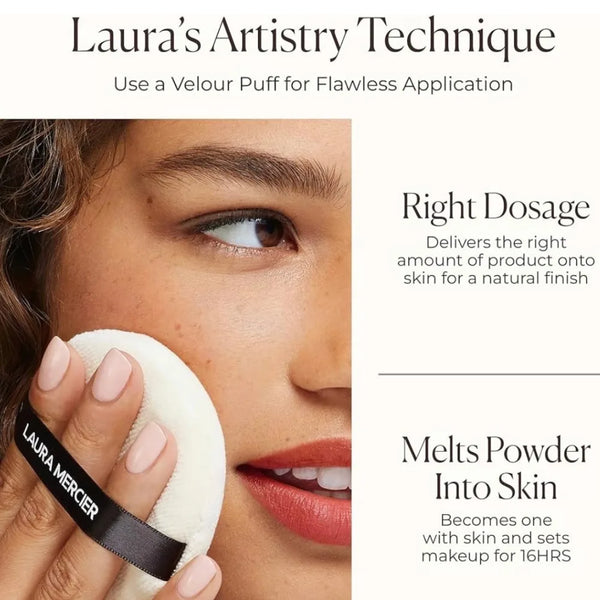 Velour puff applying setting powder to skin for a smooth finish