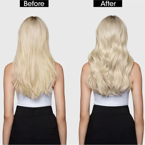 Purple shampoo shown on blonde hair, before-and-after back views
