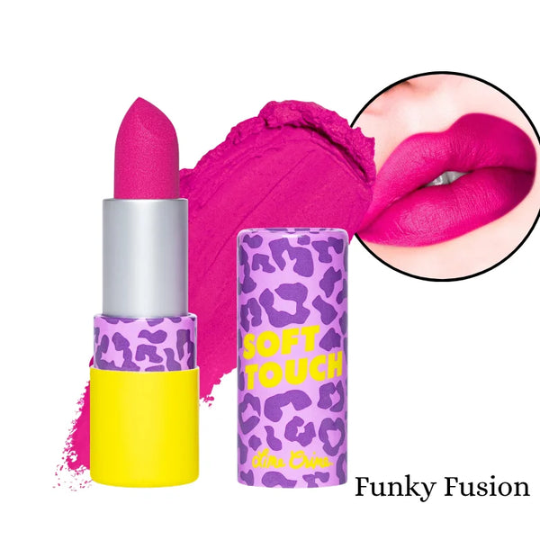 Soft Touch lipstick in Funky Fusion, silver tube with bright magenta bullet and lip swatch