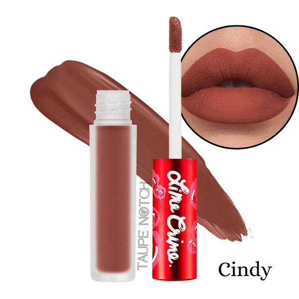Velvet matte liquid lipstick in muted rose-brown with applicator wand and open tube, lips