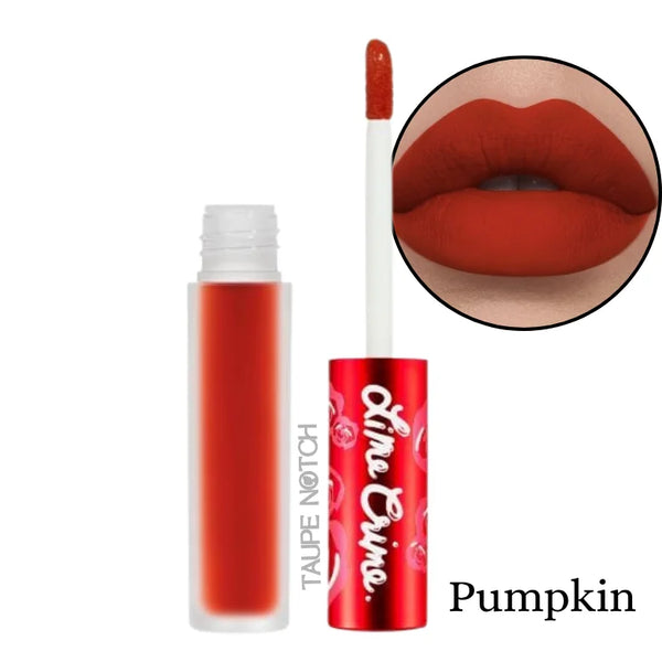 Velvet matte liquid lipstick in burnt orange-red with applicator wand and open tube, lips