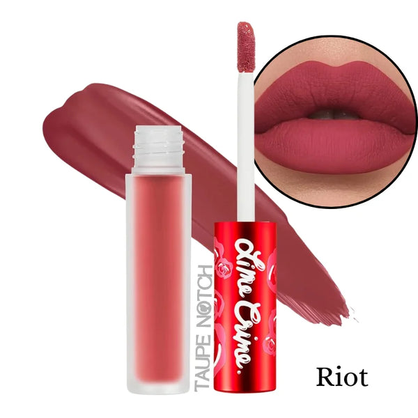 Velvet matte liquid lipstick in rich berry pink with applicator wand and open tube, lip close-up