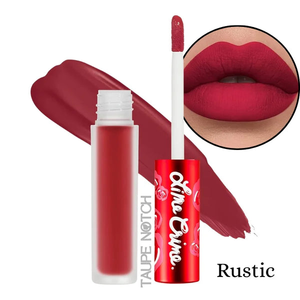 Velvet matte liquid lipstick in deep red with applicator wand and open tube, lip close-up