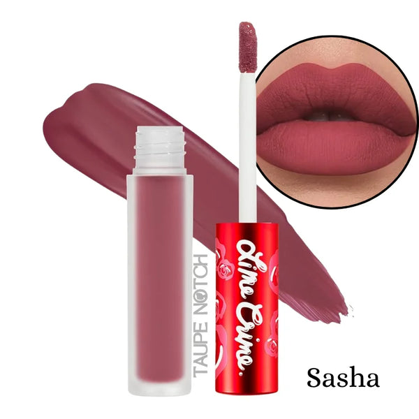 Velvet matte liquid lipstick in dusty mauve with applicator wand and open tube, lip close-up