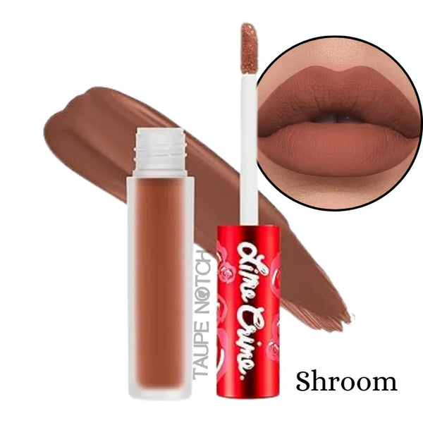 Velvet matte liquid lipstick in warm taupe-brown with applicator wand and open tube, lips