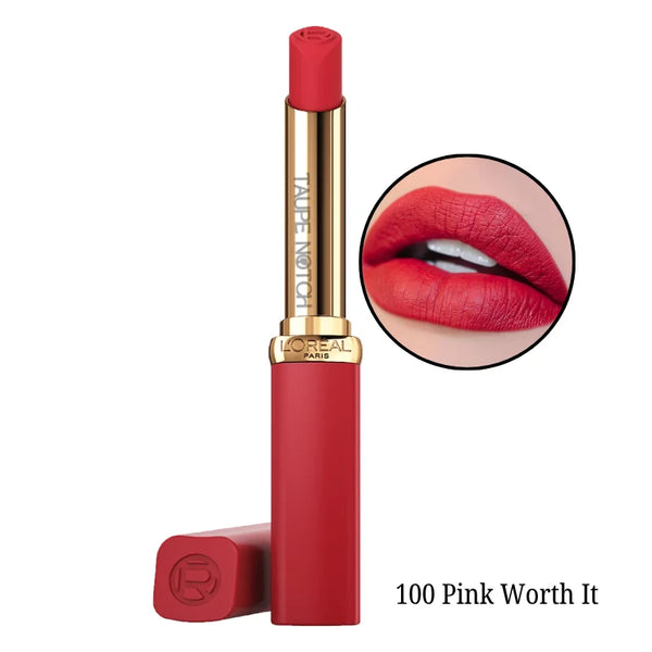 Matte lipstick in 100 Pink Worth It, bright pink bullet with black gold tube.
