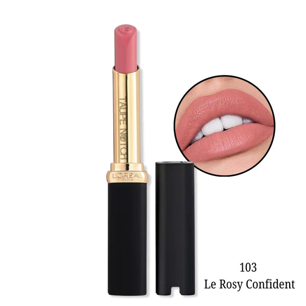 Matte lipstick shade 103 Le Rosy Confident, rosy nude bullet and cap with lip swatch