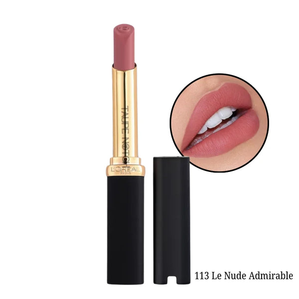 Matte lipstick shade 113 Le Nude Admirable, pink-nude bullet and cap with lip swatch
