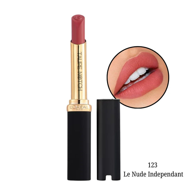 Matte lipstick shade 123 Le Nude Independant, rosy nude bullet and cap with lip swatch