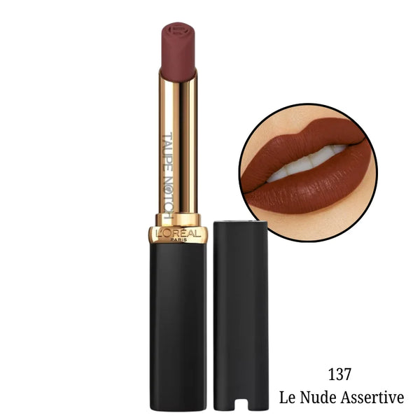Matte lipstick in 137 Le Nude Assertive, nude brown bullet with black gold tube.