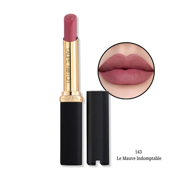 Matte lipstick shade 143 Le Mauve Indomptable, mauve burgundy bullet and cap with lip swatch
