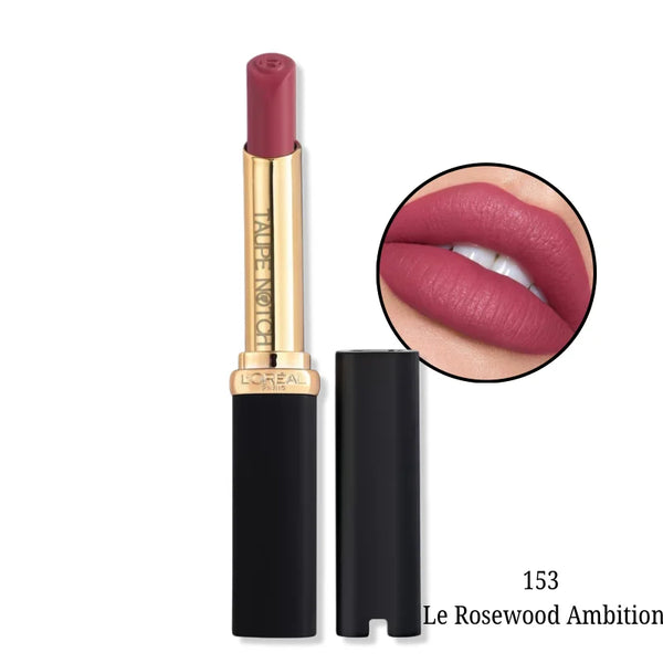 Matte lipstick shade 153 Le Rosewood Ambition, mauve rose bullet and cap with lip swatch