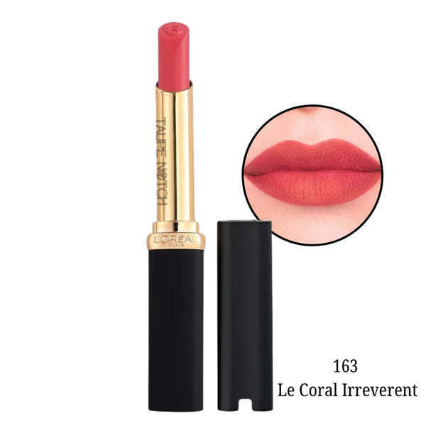 Matte lipstick shade 163 Le Coral Irreverent, coral-red bullet and cap with lip swatch